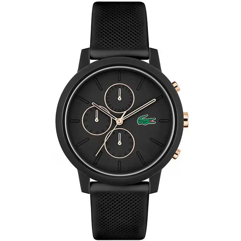 Lacoste Black Silicone Strap Watch with Rose Gold Accents and Green Logo
